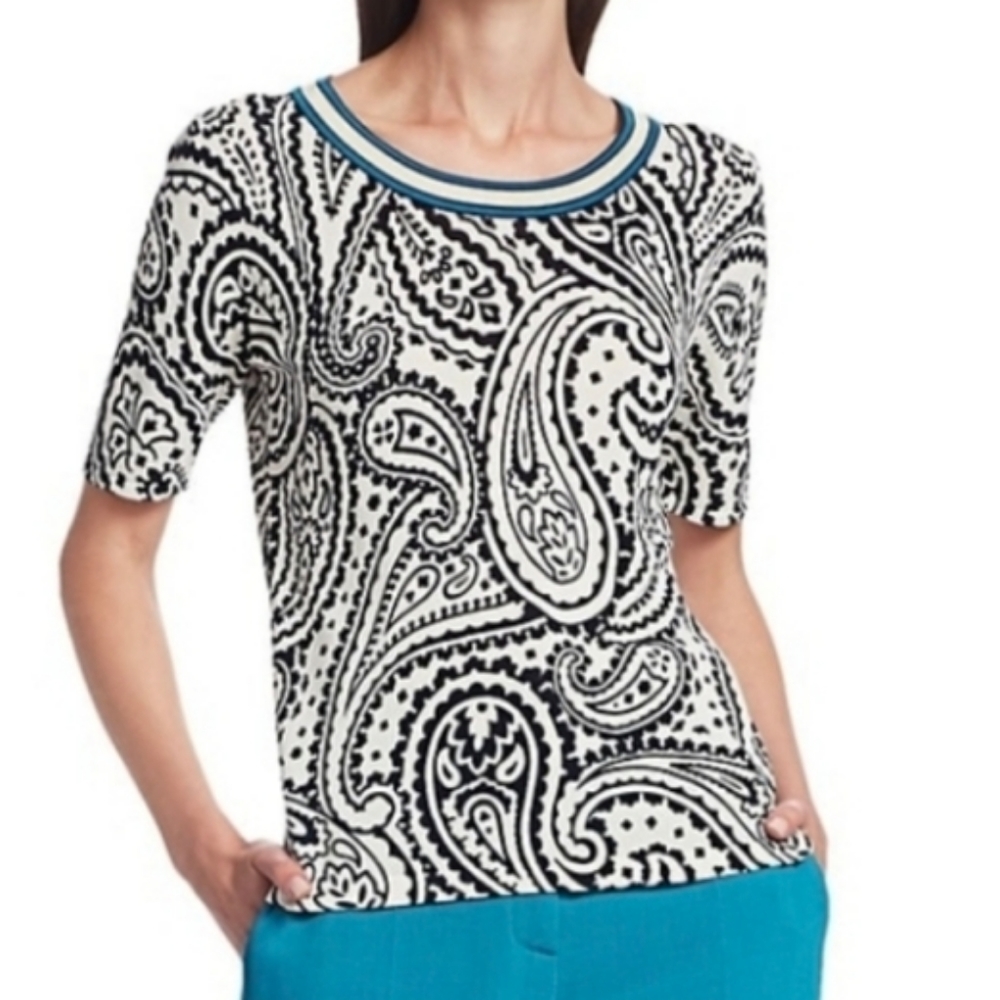 ♤ Escada Paisley Knit Teal Trim Jersey Knit Top Size XS Ivory Black and Teal